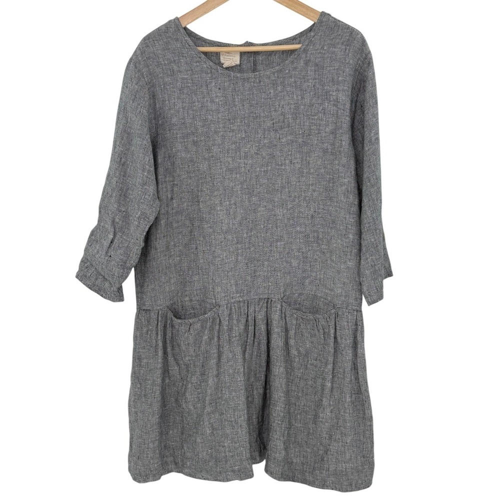 Vikolino Linen Dress Size S Gray Drop‎ Waist 3/4 Sleeve Button Back Pockets